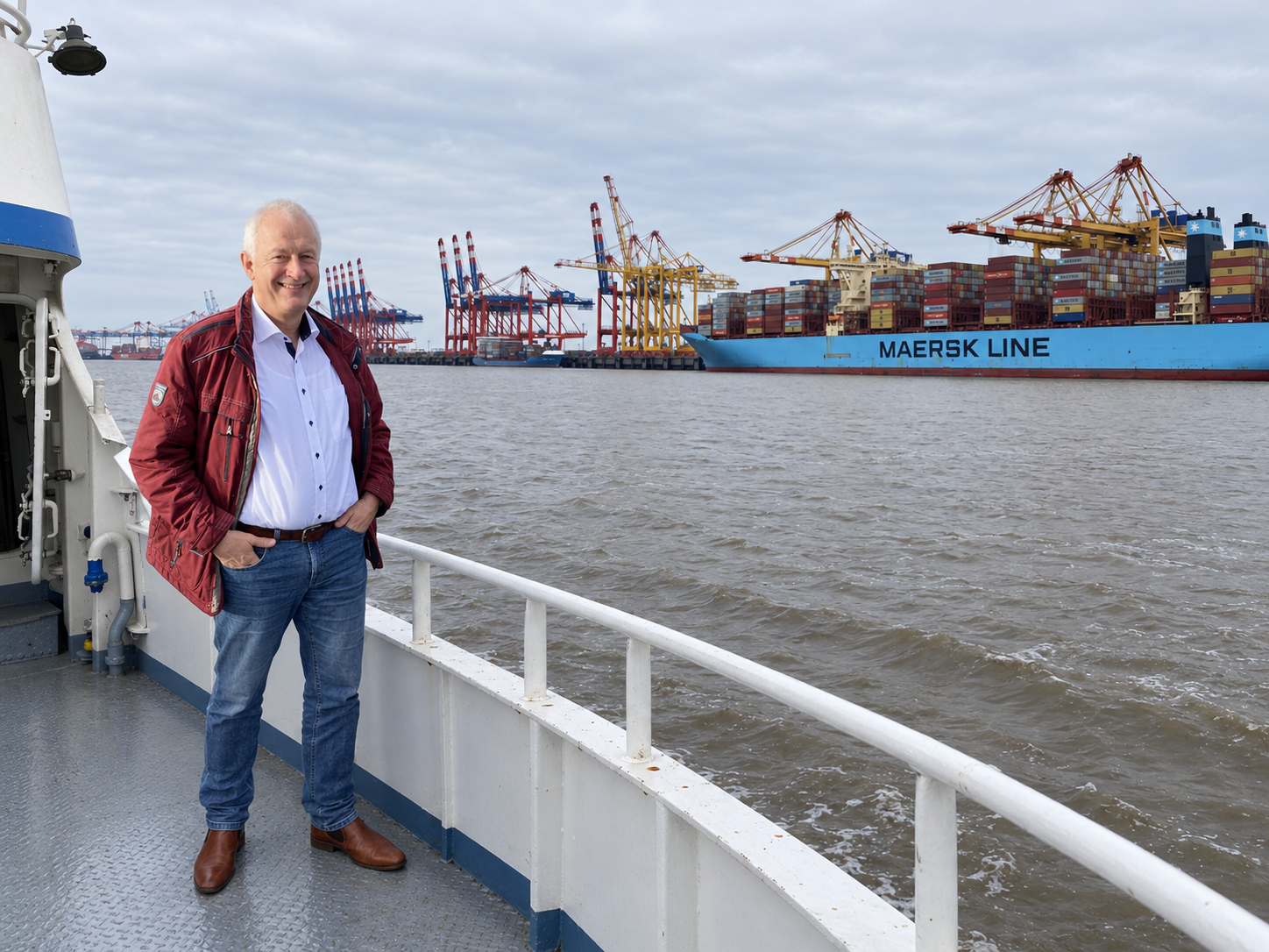 Joachim Riewesell auf einem Schiff vor dem Containerterminal Bremerhaven
